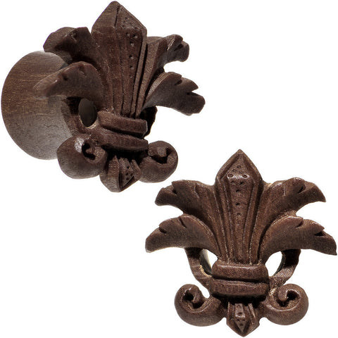 7/16 Organic Wood Fleur-De-Lis Hand Carved Plug Set