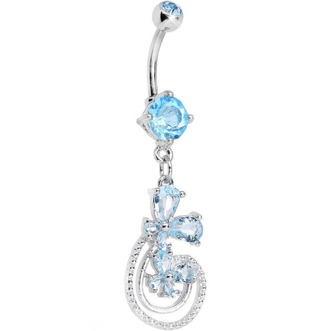 Aqua Cubic Zirconia Dazzling Duo Flowering Butterfly Dangle Belly Ring