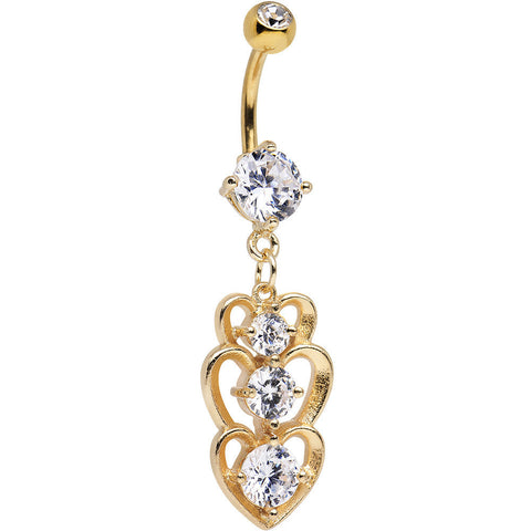 Clear Cubic Zirconia Gold Plated Three Heart Dangle Belly Ring