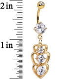 Clear Cubic Zirconia Gold Plated Three Heart Dangle Belly Ring