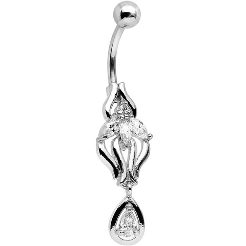 Clear Cubic Zirconia Ornate Orchid Flower Dangle Belly Ring