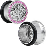 9/16 Pink Gem Stainless Steel Single Flare Tree of Life Plug Set