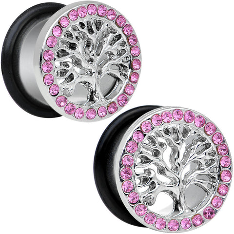 9/16 Pink Gem Stainless Steel Single Flare Tree of Life Plug Set