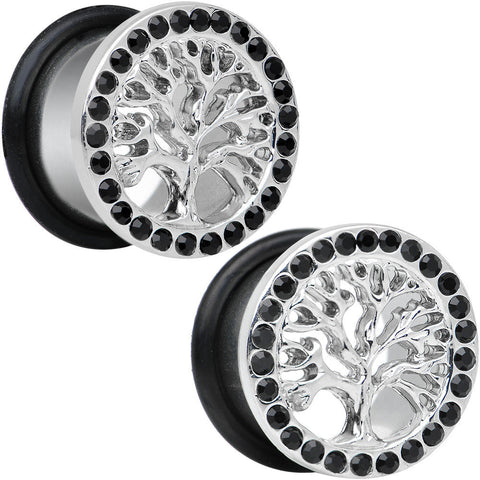 9/16 Black Gem Stainless Steel Single Flare Tree of Life Plug Set