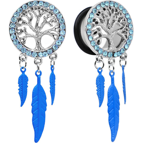 5/8 Blue Gem Steel Single Flare Tree of Life Dangle Plug Set