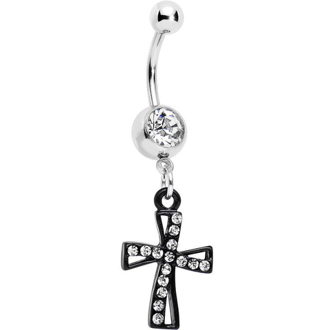 Clear Gem Black Cross Dangle Belly Ring
