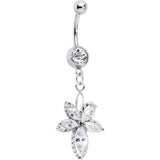 Clear Cubic Zirconia Double Flower Dangle Belly Ring