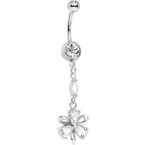 Clear Cubic Zirconnia Flower Ribbon Dangle Belly Ring