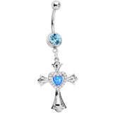 Aqua Gem Blue Imitation Opal Cross Heart Dangle Belly Ring