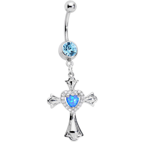 Aqua Gem Blue Imitation Opal Cross Heart Dangle Belly Ring