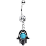 Clear Gem Aqua Orb Hamsa Hand Dangle Belly Ring