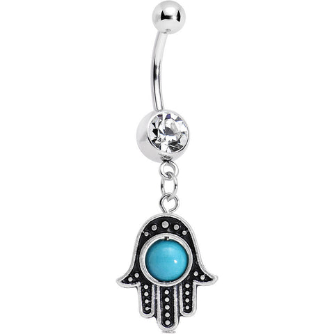 Clear Gem Aqua Orb Hamsa Hand Dangle Belly Ring