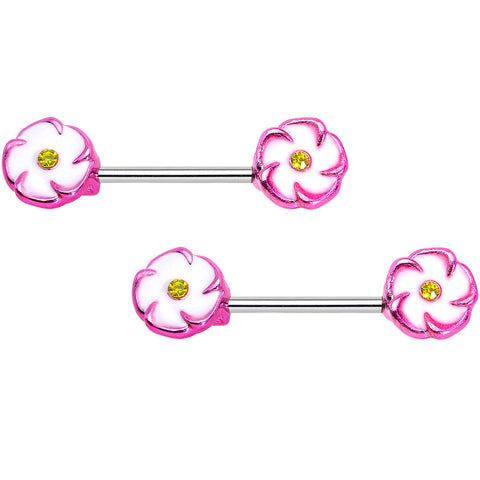 316L Stainless Steel Pink White Double Flower Nipple Barbell Set