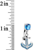 925 Sterling Silver Aqua Jeweled Anchor Top Mount Dangle Belly Ring