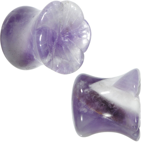 00G Natural Amethyst Stone Carved Flower Saddle Plug Set