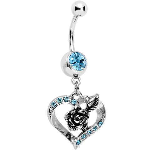 Aqua Gem Tattoo Rose Flower in a Hollow Heart Dangle Belly Ring