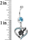 Aqua Gem Tattoo Rose Flower in a Hollow Heart Dangle Belly Ring