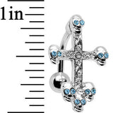 Aqua Gem Top Mount Skull Studded Gothic Cross Belly Ring