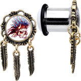 00G Steel Indian Skull Single Flare Feather Dangle Plug Set