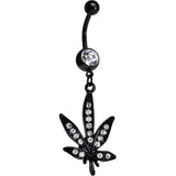 Clear Gem Black Anodized Marijuana Leaf Dangle Belly Ring