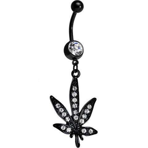 Clear Gem Black Anodized Marijuana Leaf Dangle Belly Ring