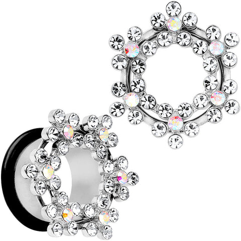 18mm Clear and Aurora Gem Snowflake Steel Tunnel Plug Set