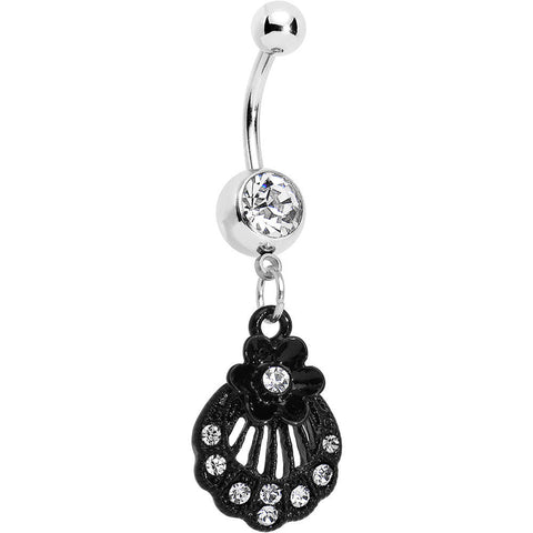 Clear Czech Stone Black Floral Seashell Dangle Belly Ring