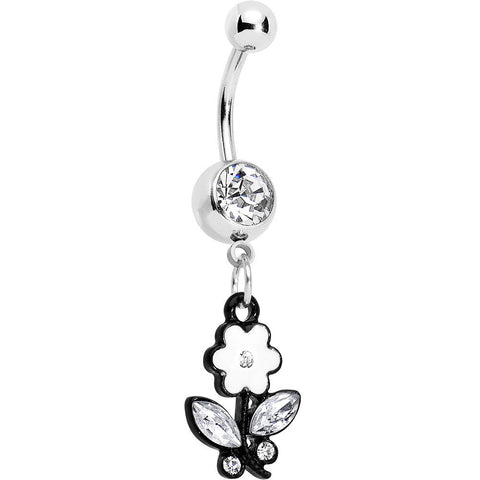 Clear Czech Stone Black Faceted Floral Foliage Dangle Belly Ring