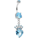Aqua Gem Claddagh Inspired Heart and Crown Dangle Belly Ring
