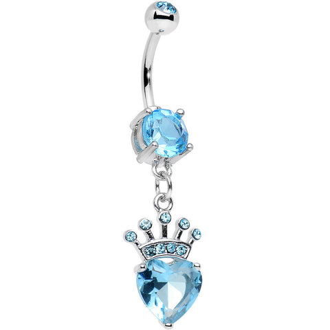Aqua Gem Claddagh Inspired Heart and Crown Dangle Belly Ring