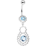 Blue CZ Gem Quatrefoil Layered Flowing Flower Form Dangle Belly Ring