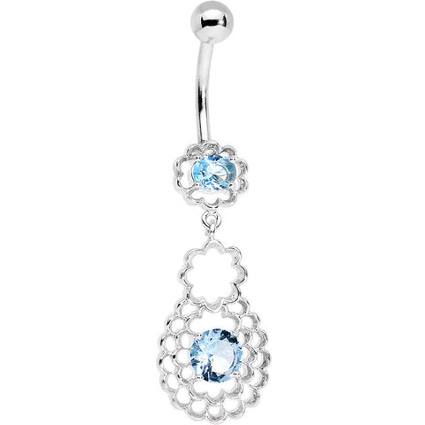Blue CZ Gem Quatrefoil Layered Flowing Flower Form Dangle Belly Ring