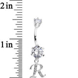 925 Sterling Silver Clear CZ Ornate Script Initial R Dangle Belly Ring