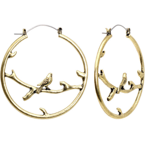 Bronze-colored Bird on Branch Tunnel Hoop Earrings