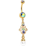 Aurora Gem Faux Pearl Gold Anodized Hamsa Dangle Belly Ring