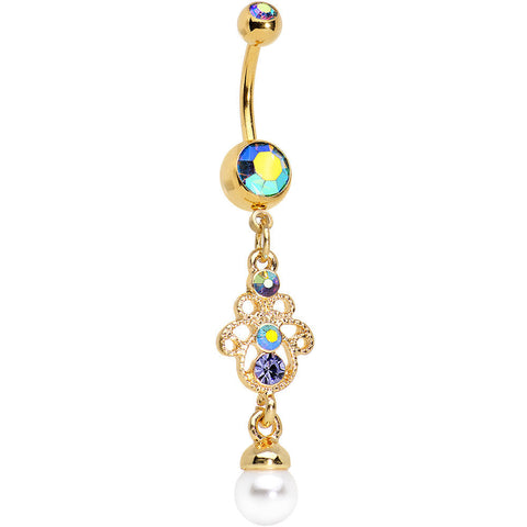 Aurora Gem Faux Pearl Gold Anodized Hamsa Dangle Belly Ring