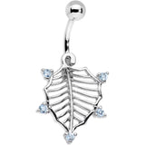 Aqua Cubic Zirconia Steel Skeletal Leaf Dangle Belly Ring