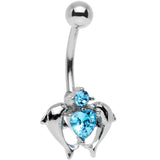 Aqua Gem Double Dolphin Heart Bottom Mount Belly Ring
