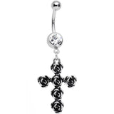 Clear Gem Black Rose Flower Detailed Gothic Cross Dangle Belly Ring