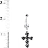 Clear Gem Black Rose Flower Detailed Gothic Cross Dangle Belly Ring