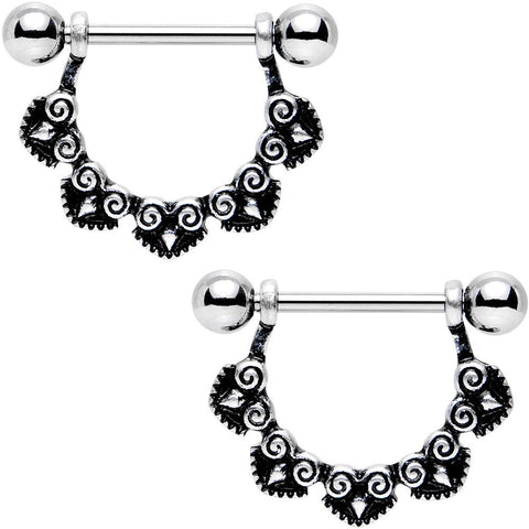 14G 5/8 Stainless Steel Black Deco Pattern Barbell Nipple Shield Set