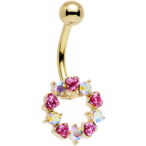 Aurora and Rosy Pink Gem Gold Plated Heart Wreath Ring Belly Ring