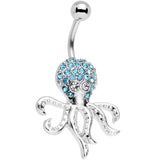 Clear and Aqua Gem Paved Steel I'm All Tentacles Octopus Belly Ring