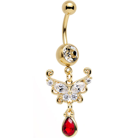 Clear CZ Red Gem Drop Gold Anodized Ornate Butterfly Dangle Belly Ring