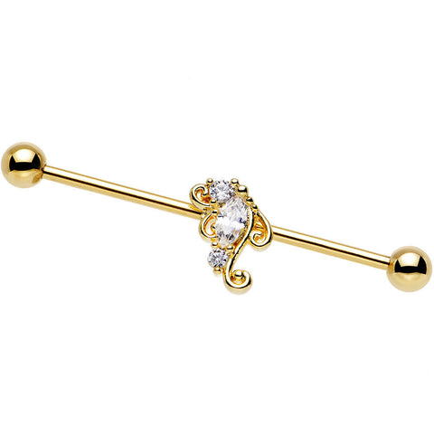 14G Clear CZ Gold Anodized Deco Swirl Industrial Barbell 38mm