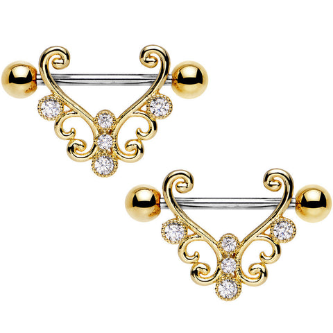 14G 9/16 Clear CZ Stainless Steel Art Deco Nipple Shield Set