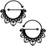 Clear Gem Black PVD Barbell Filigree Heart Universal Nipple Ring Set