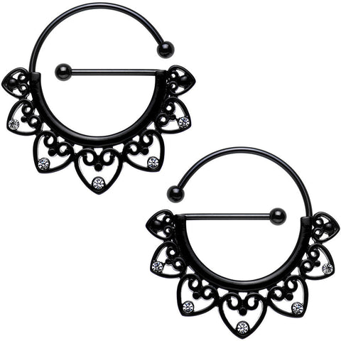 Clear Gem Black PVD Barbell Filigree Heart Universal Nipple Ring Set