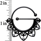 Clear Gem Black PVD Barbell Filigree Heart Universal Nipple Ring Set
