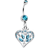 Aqua Gem Framework Heart and Flower Dangle Belly Ring